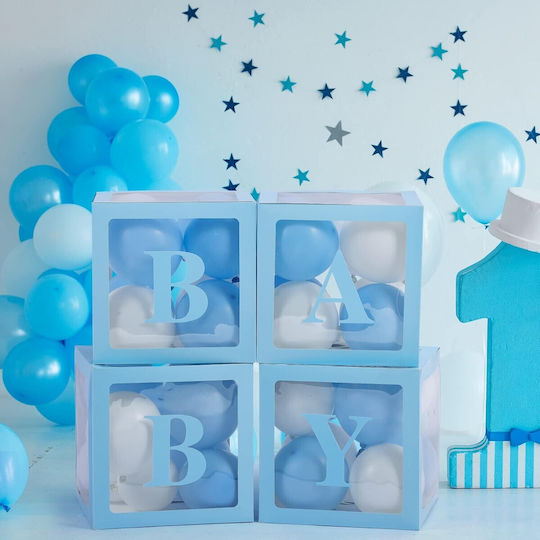 Set 4 Cutii Baloane Flippy Baby Script Design Tematică Dragoste Cuburi Decorative Din Plastic Accesorii Petrecere 30 X 30 Cm Transparent Contur Albastru
