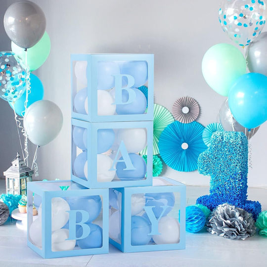 Set 4 Cutii Baloane Flippy Baby Script Design Tematică Dragoste Cuburi Decorative Din Plastic Accesorii Petrecere 30 X 30 Cm Transparent Contur Albastru