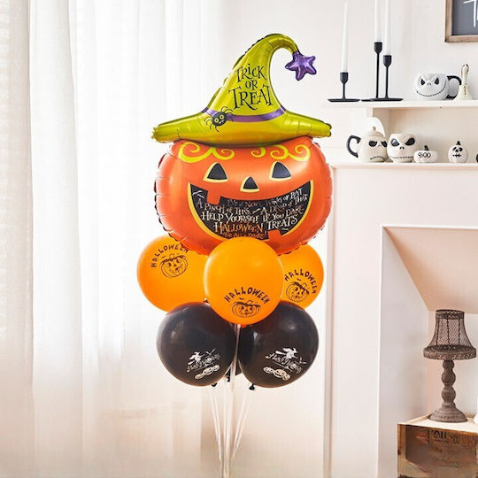 Set 5 Baloane Metalice Folie Figuri Flippy Tematică Halloween Include Pai Ambalaj Individual Umflare Aer Heliu Figurina Dovleac 54x87 Cm Stele Cercuri 45 Cm Multicolor