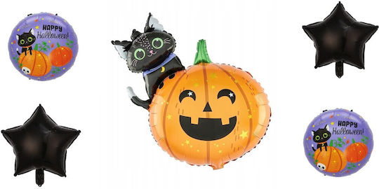 Set 5 Baloane Metalice Folie Figuri Flippy Tematică Halloween Include Pai Ambalaj Individual Umflare Aer Heliu Figurina Dovleac Pisică 84x69 Cm Stele Cercuri 45 Cm Multicolor