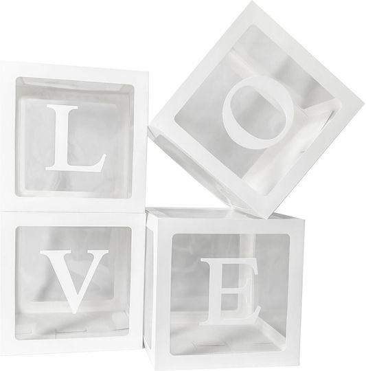 Set 4 Cutii Baloane Flippy Love Script Design Tematică Dragoste Cuburi Decorative Din Plastic Accesorii Petrecere 30 X 30 Cm Contur Alb Transparent
