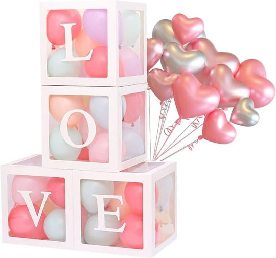 Set 4 Cutii Baloane Flippy Love Script Design Tematică Dragoste Cuburi Decorative Din Plastic Accesorii Petrecere 30 X 30 Cm Contur Alb Transparent
