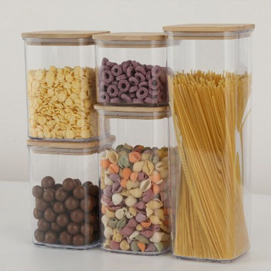 Cutii de Depozitare a Alimentelor Flippy Set 5 Cutii Tip Container Cutii pentru Cereale Plastic Capac din Bambus 1 buc 0,5 L 2 buc 0,8 L 2 buc 1,2 L 1 buc 1,9 L Transparent