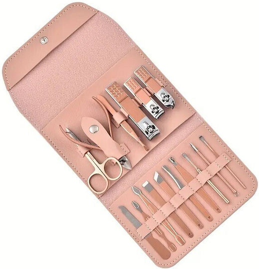 Set de Îngrijire Cosmetică 16 Piese Manichiură Pedichiură Flippy Față Include Geantă Organizatoare Din Piele Eco Roz