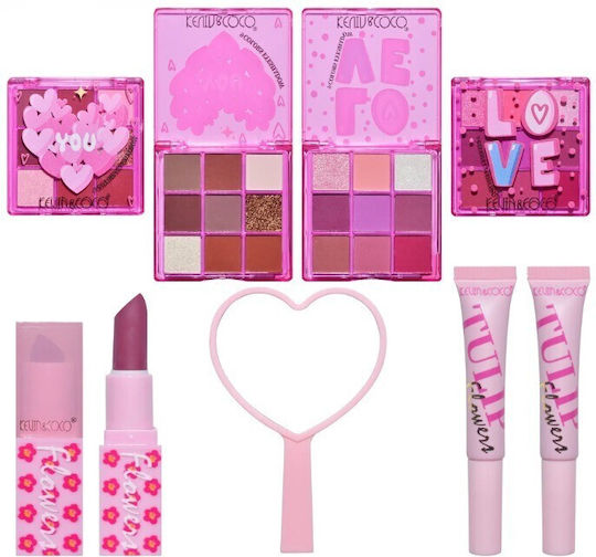 Set Machiaj Kevin Coco 22 Culori Design Lalea 2 Palete Fard de Pleoape 2 Luciuri de Buze 2 Rujuri 1 Oglindă în Formă de Inimă 15.7 X 21 X 4 Cm Multicolor