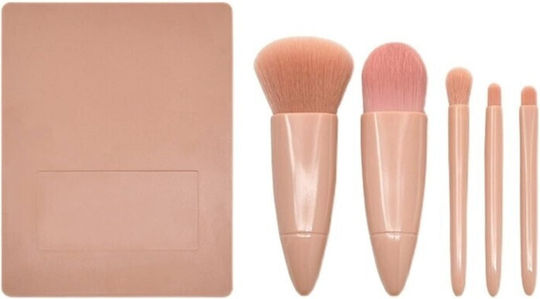 Set 5 Mini Pensule Machiaj Flippy Portabile Într-o Cutie Oglindă Realizate Din Păr Sintetic Moale Roz Pastel 12x7x2.5 Cm