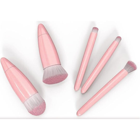 Set 5 Mini Pensule De Machiaj Flippy Portabile În Cutie Oglindă Păr Sintetic Moale Roz 12x7x2.5 Cm