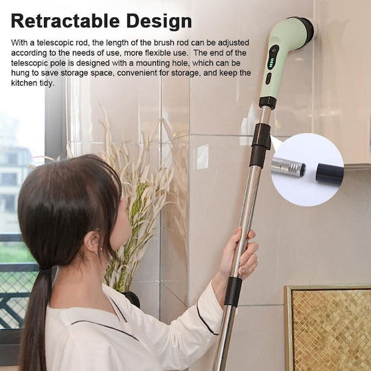 Perie Electrică de Curățare Flippy Tiles Baie Bucătărie 25x20x9,5 Cm 9 Capete Detașabile Mâner Telescopic 84-127cm Încărcare Usb-tip C Rotire 360 Grade 3000 mAh Culoare Verde