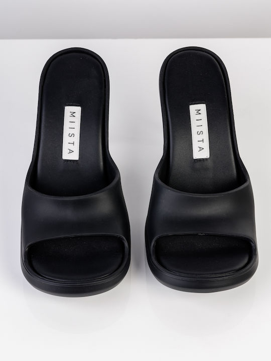 Leather Mules with Thin High Heel in Black Color