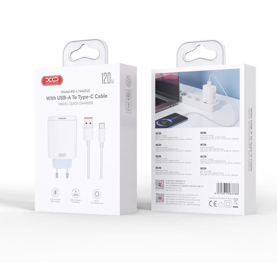 XO Încărcător cu Port USB-A și Cablu USB-C 120W Quick Charge 3.0 Albς (L164)