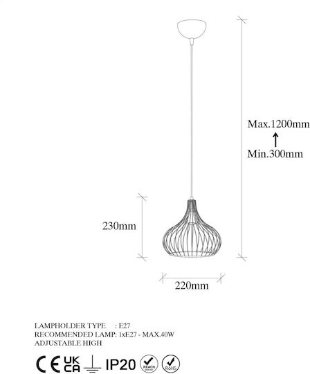 Opviq Teldamla Pendant Light Black with Socket E27 22x22x120cm