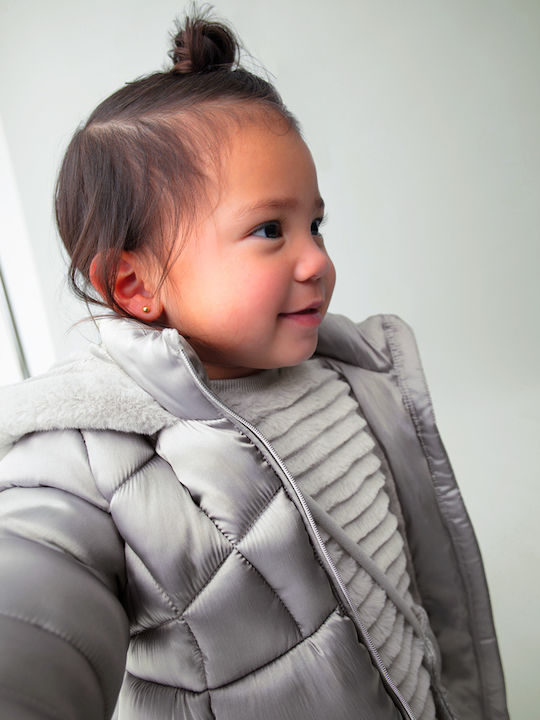 Kids' Quilted Jacket Long with Hood Grey Silver