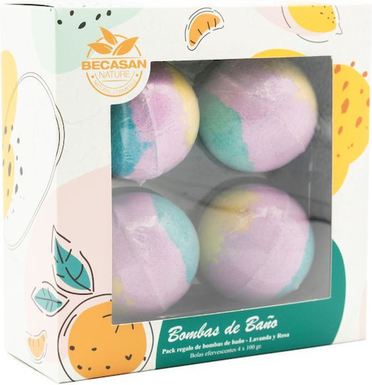 Set Cadou Bath Bombs Cu Miros De Lavandă Și Trandafir Becasan Nature 4 X 100 G