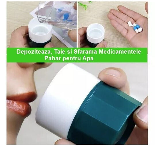 Cutie Multifuncțională Pentru Pastile Flippy 4 În 1 Pahar Pentru Apă Tăiere Zdrobire Depozitare Compactă Abs Lamă Din Oțel Inoxidabil Alb Verde 8.7x6.2x4.1 Cm