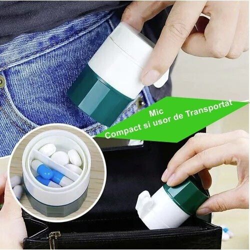 Cutie Multifuncțională Pentru Pastile Flippy 4 În 1 Pahar Pentru Apă Tăiere Zdrobire Depozitare Compactă Abs Lamă Din Oțel Inoxidabil Alb Verde 8.7x6.2x4.1 Cm