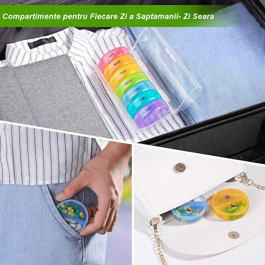 Cutie Depozitare Medicamente Flippy 7 Zile 14 Compartimente Cutie Suport Containere Detasabile Portabilă Multicoloră 17.5x11x9.5 Cm