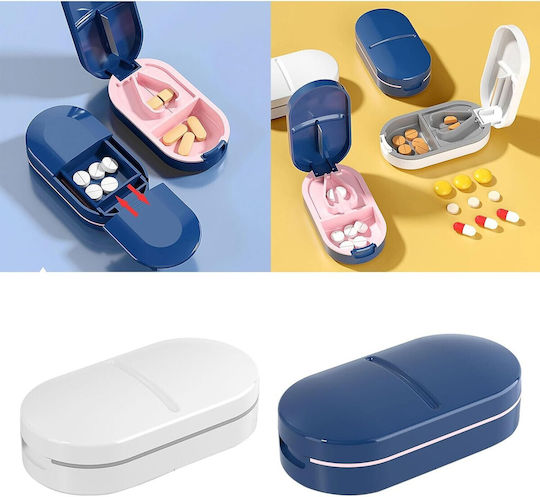 Organizator de Medicamente Flippy Dispozitiv de Tăiere și Zdrobire a Pastilelor Ideal pentru Călătorii Portabil Perie de Curățare Compartiment de Depozitare 8.5x4.5x2.5 cm Albastru