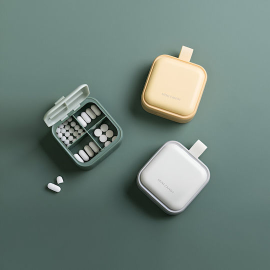 Cutie Mini de Depozitare Medicamente Flippy 4 Compartimente Închidere Etanșă Portabilă Pătrată Galbenă PP 7.5x7.5x3 Cm