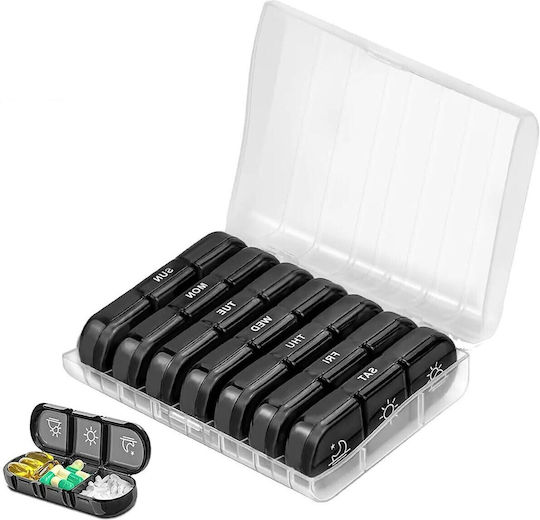 Cutie de Depozitare Medicamente Flippy 7 Zile 21 Compartimente Cutie Suport Containere Detasabile Portabilă Compartimente Negre Cutie Transparentă 15.6x12 Cm