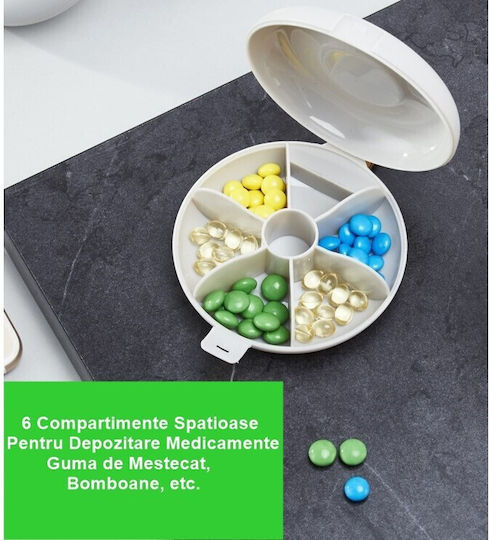 Cutie Pentru Depozitarea Medicamentelor Flippy 6 Compartimente Închidere Etanșă Portabilă Rotundă Albă Neagră Pp 8.4x2.9x8.5 Cm