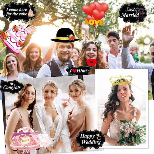 Set 60 Accesorii Petrecere Tematică Nuntă Cabina Foto Colț Ochelari Pălării Mustață Cravată Evenimente Multicolore