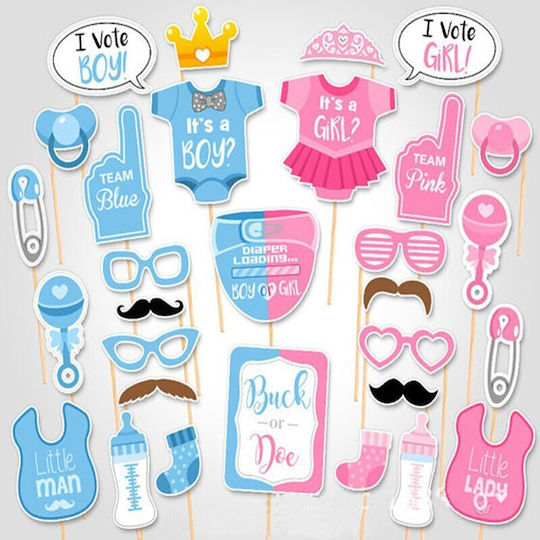 Set 30 Accesorii Pentru Petreceri Flippy Colț Foto Props Temă Baby Shower Dezvăluire Gen Albastru-Roz