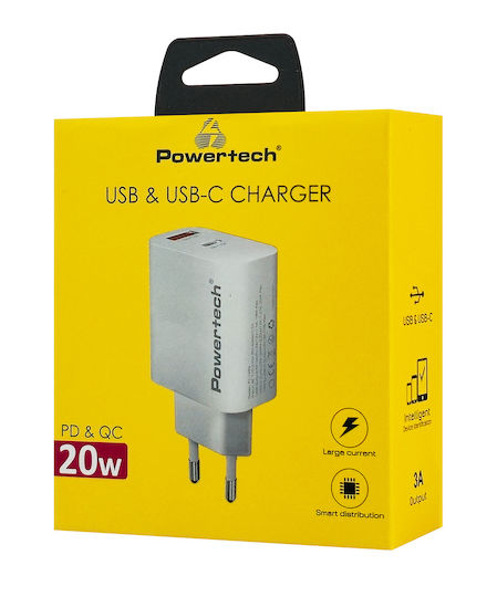 Powertech Charger Without Cable with USB-A Port and USB-C Port 20W Quick Charge 3.0 Whites (PT-1493)