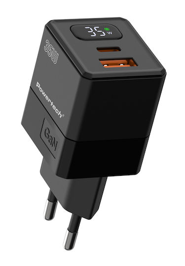 Powertech Φορτιστής Χωρίς Καλώδιο GaN με Θύρα USB-A και Θύρα USB-C 35W Power Delivery Μαύρος (PT-1499)