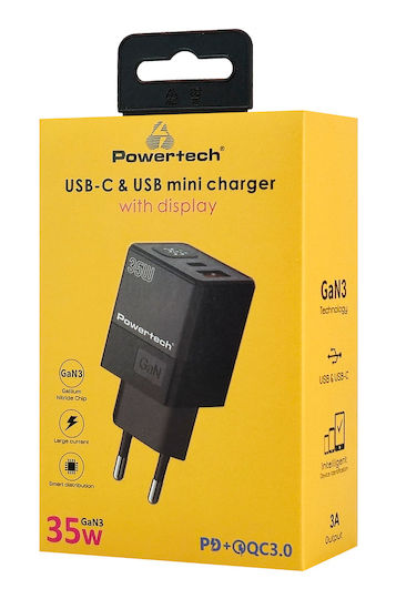 Powertech Φορτιστής Χωρίς Καλώδιο GaN με Θύρα USB-A και Θύρα USB-C 35W Power Delivery Μαύρος (PT-1499)