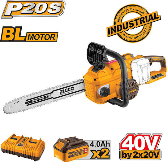 Ingco Αλυσοπρίονο Μπαταρίας 2x4Ah Brushless 20V 6.2kg με Λάμα 40cm