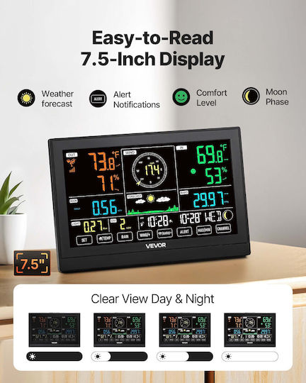 Vevor 7-in-1 Wireless Weather Station Indoor Outdoor Sensor 7.5 In Display