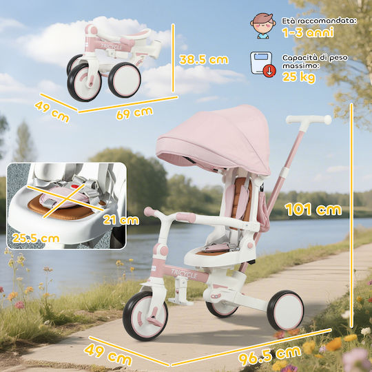 Aiyaplay Foldable & Convertible 5 in 1 Tricycle Bike for 1-3 Years Pink