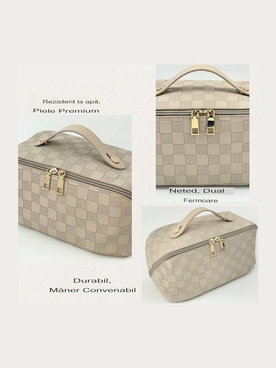 Flippy Geantă De Călătorie Neseser Cosmetică Portabilă Impermeabilă Din Piele Eco Cu Compartimente Multiple Și Fermoar 22 X 13 X 12.5 Cm Alb În Carouri