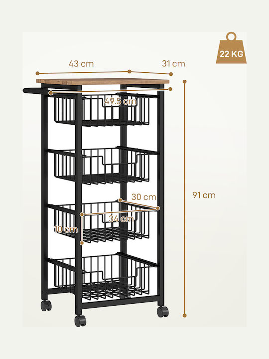 HomCom Wooden Kitchen Trolley 4 Tiers Black 49.5x31x91cm