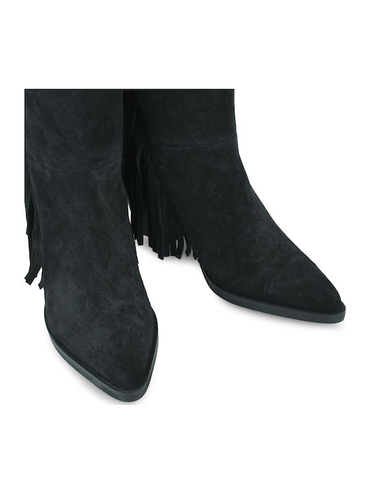 Wildleder Damen Cowboy-Stiefeletten mit hohem Absatz Schwarz