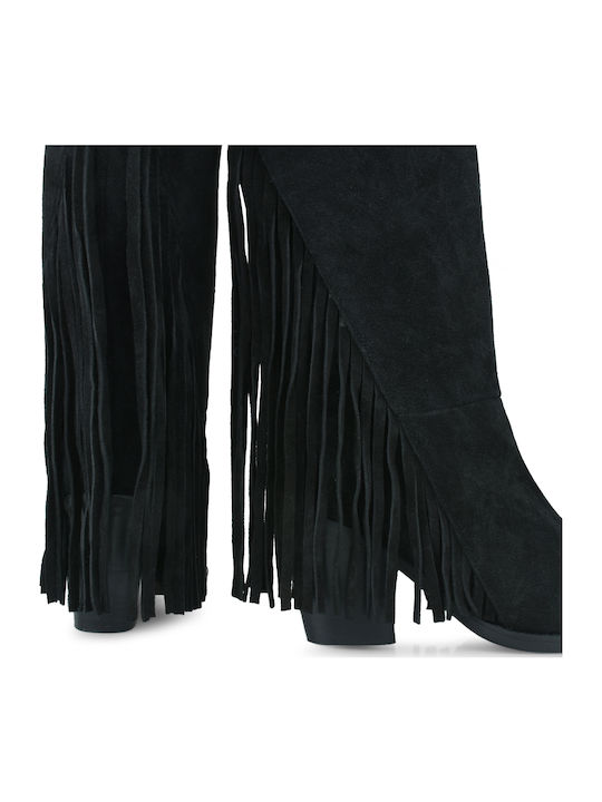 Wildleder Damen Cowboy-Stiefeletten mit hohem Absatz Schwarz