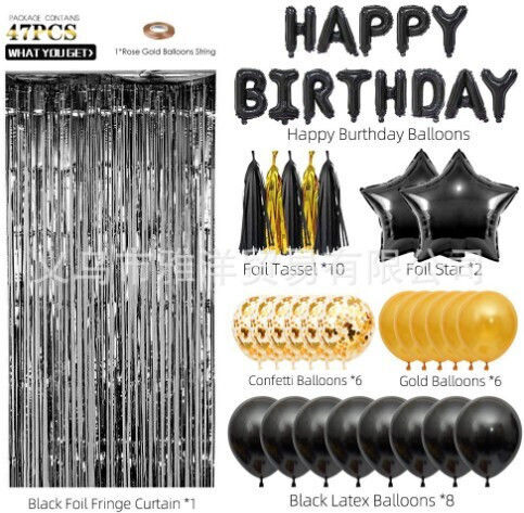 Set 47 Baloane 10 Franjuri 2 Baloane Stea Din Folie 6 Baloane Confetti Din Latex 6 Baloane Galbene Din Latex 8 Baloane Negre Din Latex 1 Perdea De Petrecere Din Folie Litere Happy Birthday Aurii Negre