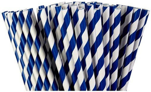 Set 25 Straws Flippy Paper 20 Cm Striped Pattern White Dark Blue