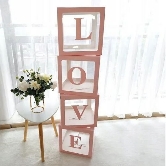 Set 4 Cutii Pentru Baloane Flippy Design Script Love Tematică Love Cuburi Decorative Din Plastic Accesorii Pentru Petreceri 30 X 30 Cm Transparent Contur Roz