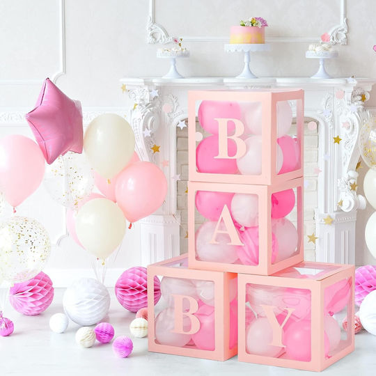 Set 4 Cutii Pentru Baloane Flippy Baby Script Design Temă Dragoste Cuburi Decorative Din Plastic Accesorii Pentru Petreceri 30 X 30 Cm Contur Roz Transparent
