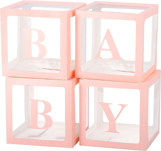 Set 4 Cutii Pentru Baloane Flippy Baby Script Design Temă Dragoste Cuburi Decorative Din Plastic Accesorii Pentru Petreceri 30 X 30 Cm Contur Roz Transparent