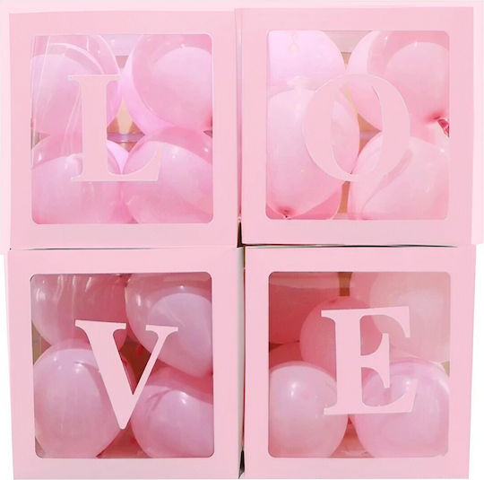Set 4 Cutii Pentru Baloane Flippy Design Script Love Tematică Love Cuburi Decorative Din Plastic Accesorii Pentru Petreceri 30 X 30 Cm Transparent Contur Roz