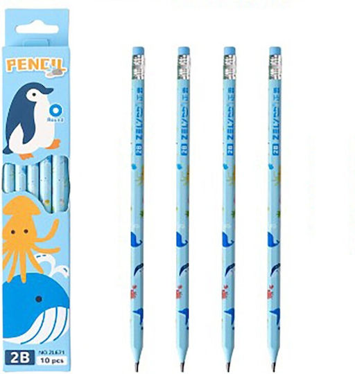 Set 10 Schwarze Bleistifte Flippy 2b Schulschüler Radiergummi Blauer Modell Pinguine