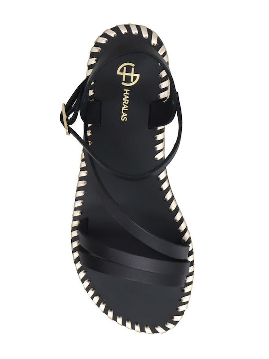 Leather Women's Flat Sandals in Black Color