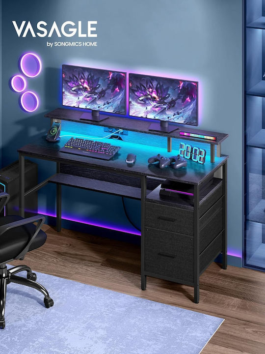Birou de Calculatoare din Lemn Ebony Negru cu LED și Porturi USB 135x90x55cm