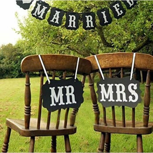 Set 2 Bannere Cu Agățători Flippy Temă Nuntă Mr Mrs Panouri Negre