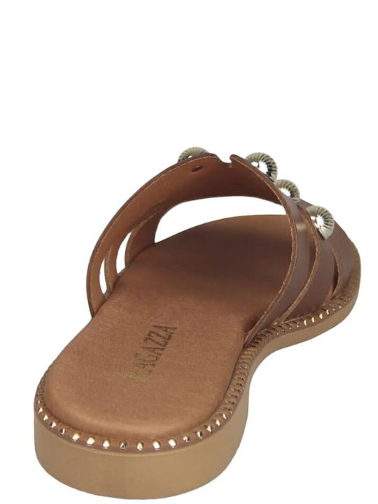 Leather Women's Flat Sandals Anatomic with Strap in Tabac Brown Color