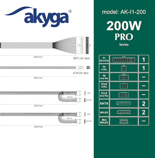 Akyga 200W Gray Computer Power Supply Full Wired (AK-I1-200)