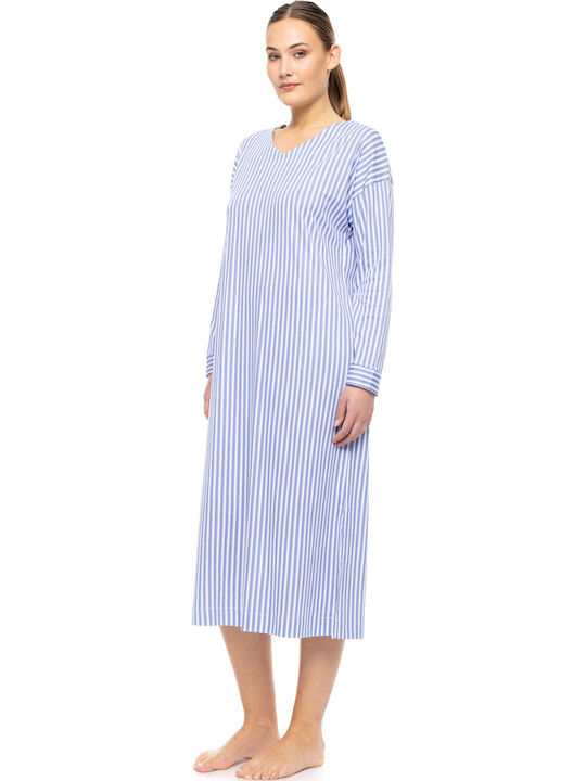 Pink Label Χειμερινό Βαμβακερό Γυναικείο Νυχτικό Blue Pink Label Χειμερινό Βαμβακερό Γυναικείο Νυχτικό Blue