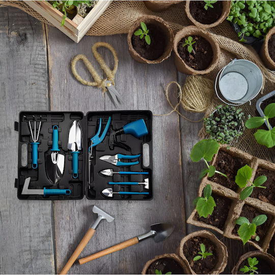 Set 10 Unelte de Grădină Flippy Plantare Prelucrare Sol Îngrijire Plante Mânere Albastre Pvc Material Oțel Inoxidabil Cutie Inclusă 37x28x7 Cm Negru